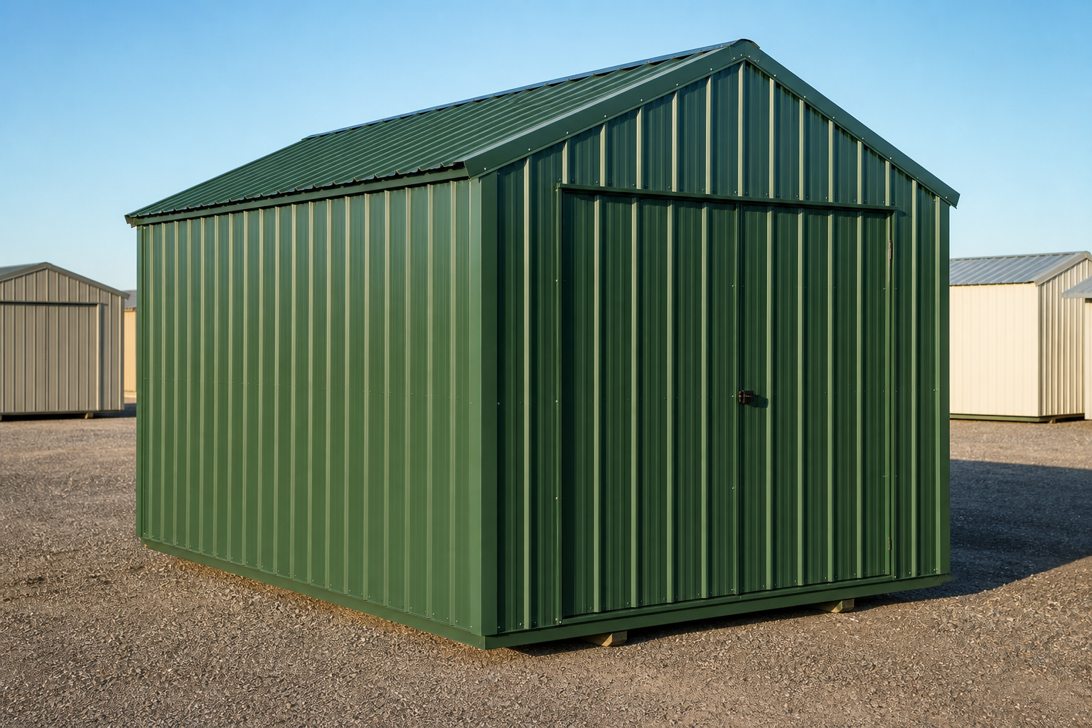 Hunter green powder-coated TEMLOC steel storage building with peak roof on a dealer lot