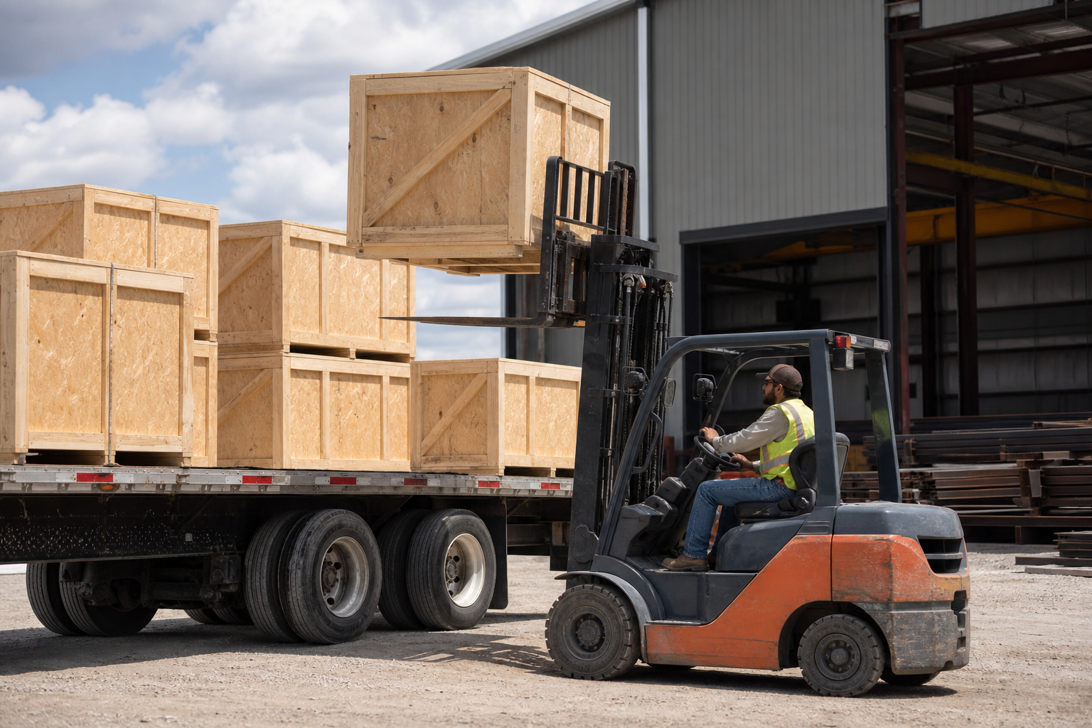 Forklift loading palletized TEMLOC building crates for flatbed delivery