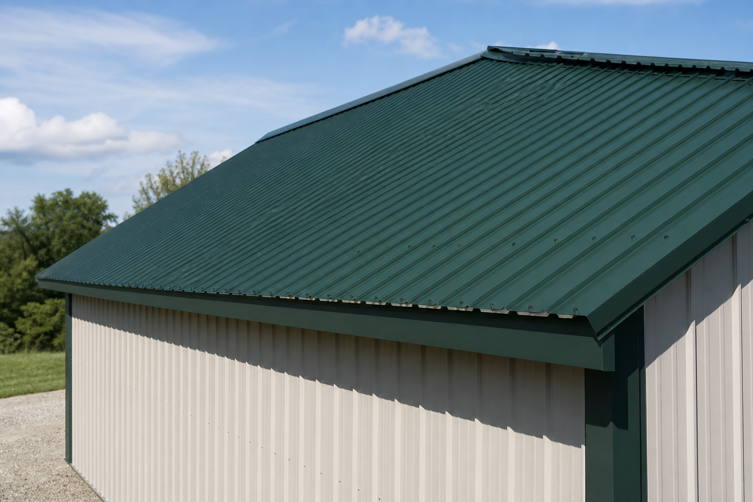 Hunter green ventilated U-panel ribbed steel roof with eave overhang on a TEMLOC building